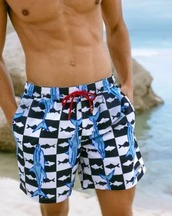 Checkerboard Shark Print Swim Shorts