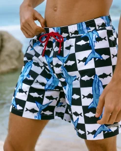Checkerboard Shark Print Swim Shorts