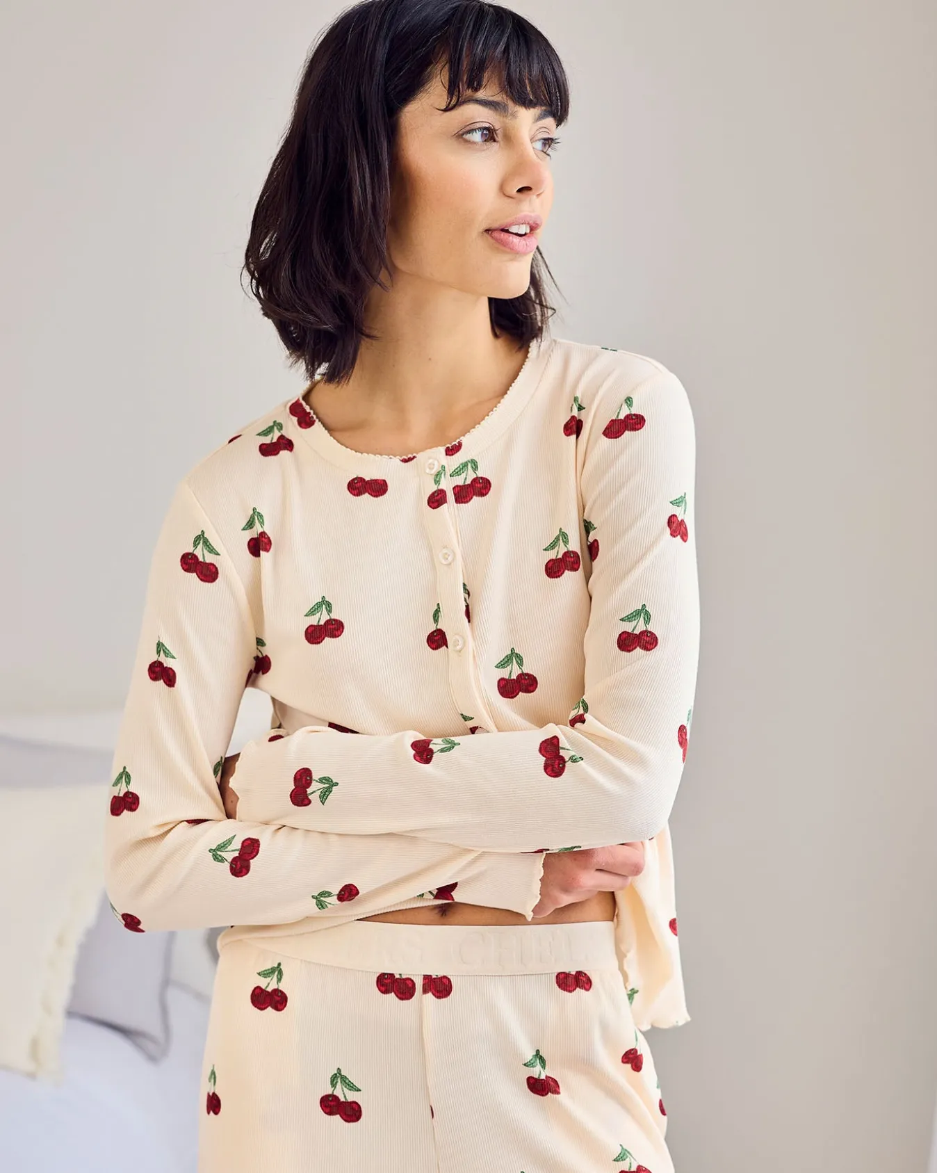 Cherry Print Cardigan Ribbed Long Pyjama Set