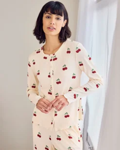 Cherry Print Cardigan Ribbed Long Pyjama Set