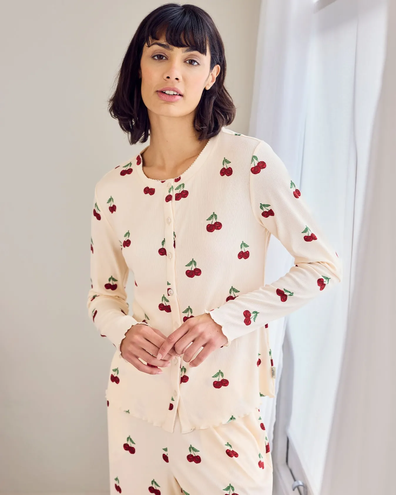 Cherry Print Cardigan Ribbed Long Pyjama Set