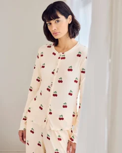 Cherry Print Cardigan Ribbed Long Pyjama Set