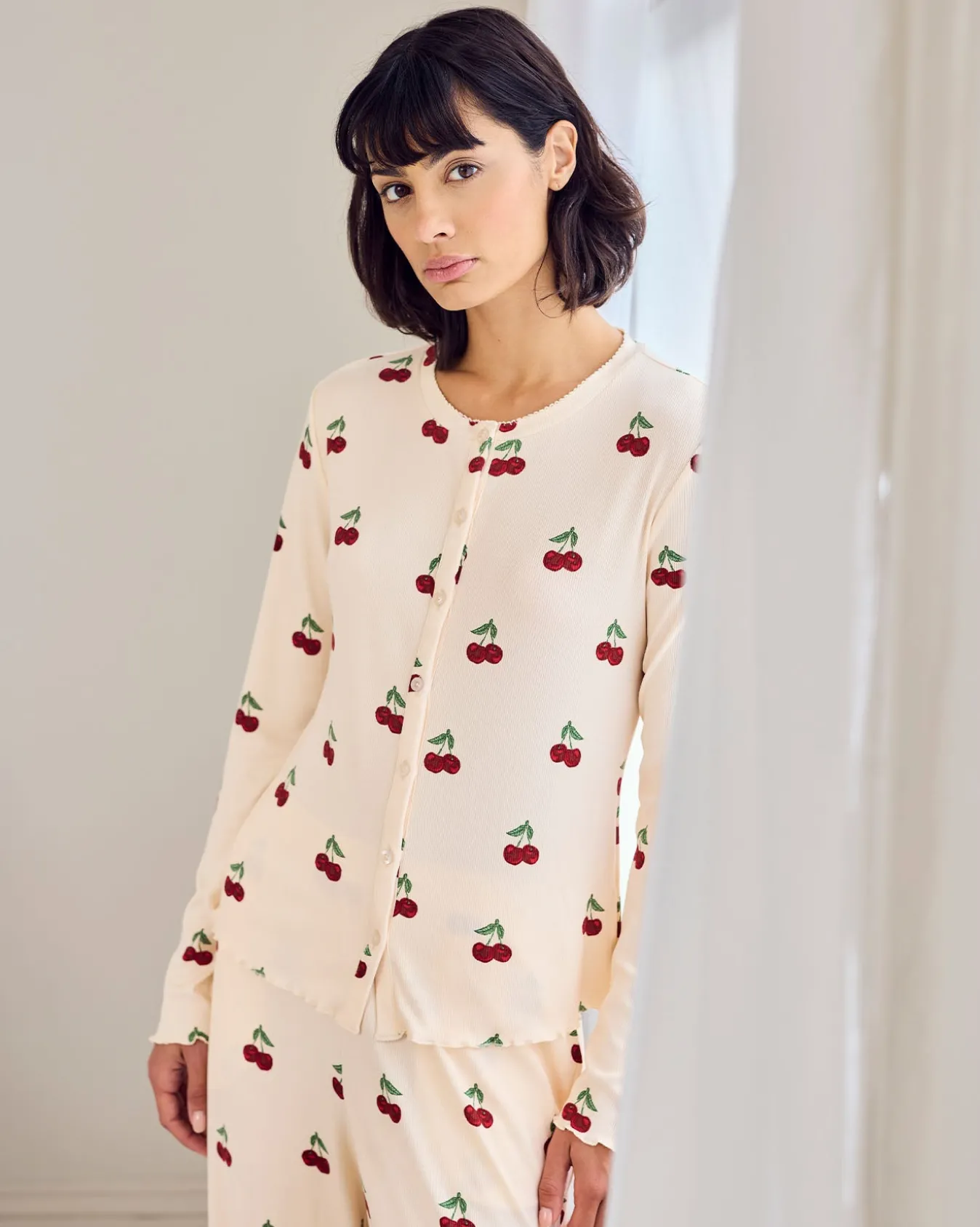 Cherry Print Cardigan Ribbed Long Pyjama Set