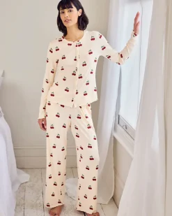Cherry Print Cardigan Ribbed Long Pyjama Set