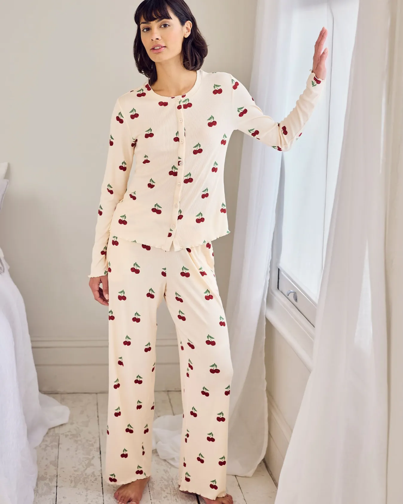 Cherry Print Cardigan Ribbed Long Pyjama Set