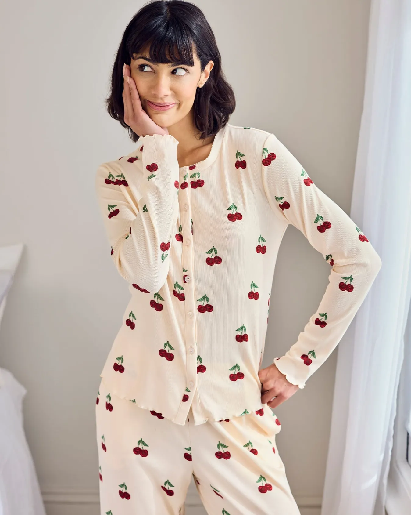 Cherry Print Cardigan Ribbed Long Pyjama Set