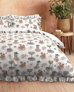 Cotton Cocktails & Cards Print Reversible Frill Bedding Set