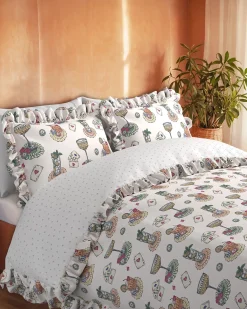 Cotton Cocktails & Cards Print Reversible Frill Bedding Set