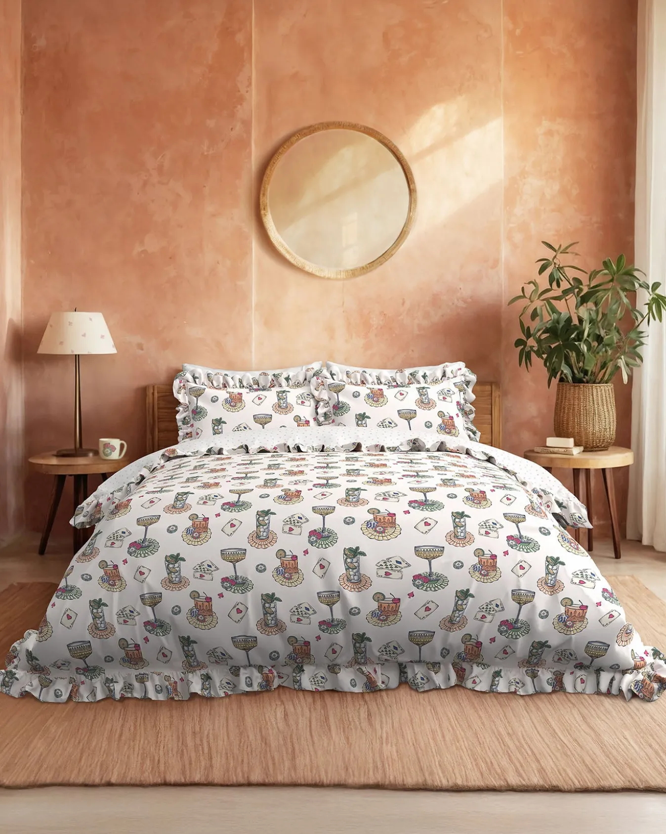 Cotton Cocktails & Cards Print Reversible Frill Bedding Set
