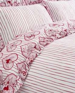 Cotton Cupid Heart / Stripe Print Reversible Frill Bedding Set
