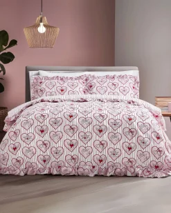 Cotton Cupid Heart / Stripe Print Reversible Frill Bedding Set