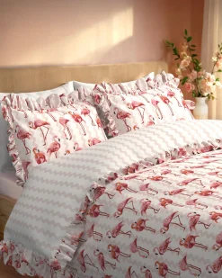 Cotton Flamingo Stripe Print Reversible Frill Bedding Set
