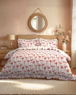 Cotton Flamingo Stripe Print Reversible Frill Bedding Set