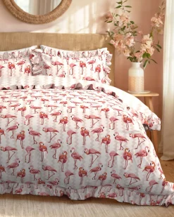 Cotton Flamingo Stripe Print Reversible Frill Bedding Set