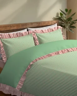 Cotton Garden Stripe Reversible Frill Bedding Set - Green & White