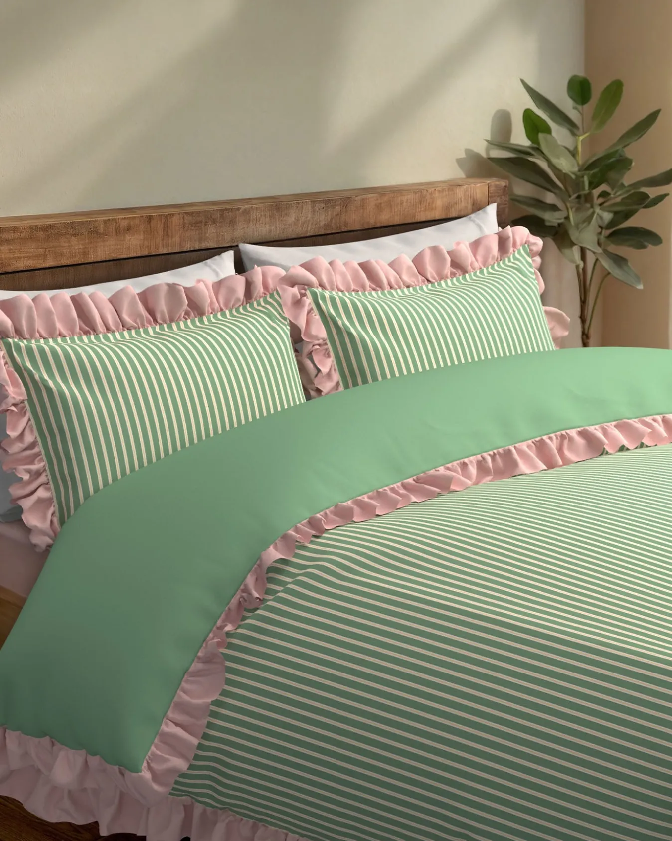 Cotton Garden Stripe Reversible Frill Bedding Set - Green & White