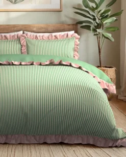 Cotton Garden Stripe Reversible Frill Bedding Set - Green & White
