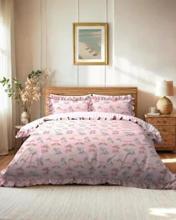 Cotton Lounging Leopards / Stripe Print Reversible Frill Bedding Set
