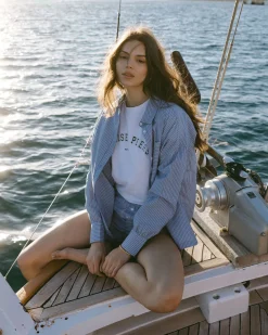 Cotton Poplin Stripe Boyfriend Shirt - Blue