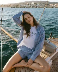 Cotton Poplin Stripe Boyfriend Shirt - Blue