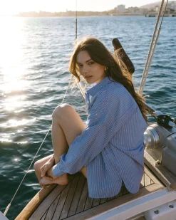 Cotton Poplin Stripe Boyfriend Shirt - Blue