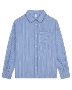 Cotton Poplin Stripe Boyfriend Shirt - Blue