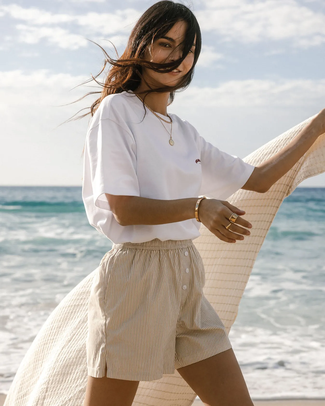 Cotton Poplin Stripe Shorts - Beige