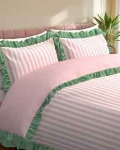 Cotton Stripe Reversible Frill Bedding Set - Pink & White