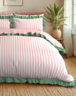 Cotton Stripe Reversible Frill Bedding Set - Pink & White