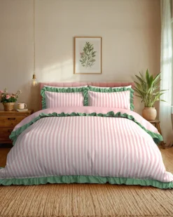 Cotton Stripe Reversible Frill Bedding Set - Pink & White