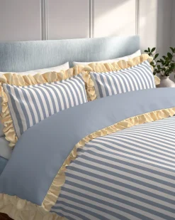 Cotton Stripe Reversible Frill Bedding Set - Blue & White