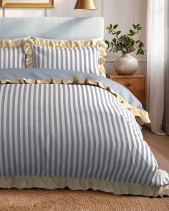 Cotton Stripe Reversible Frill Bedding Set - Blue & White