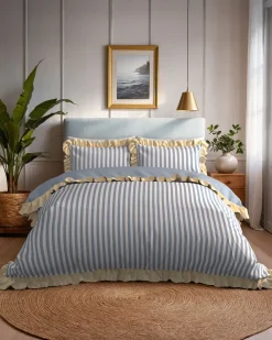Cotton Stripe Reversible Frill Bedding Set - Blue & White