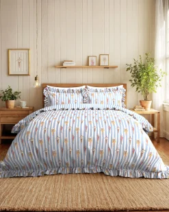 Cotton Swimming Society / Stripe Print Reversible Frill Bedding Set