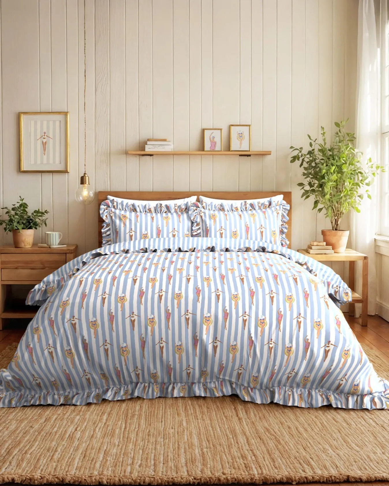 Cotton Swimming Society / Stripe Print Reversible Frill Bedding Set