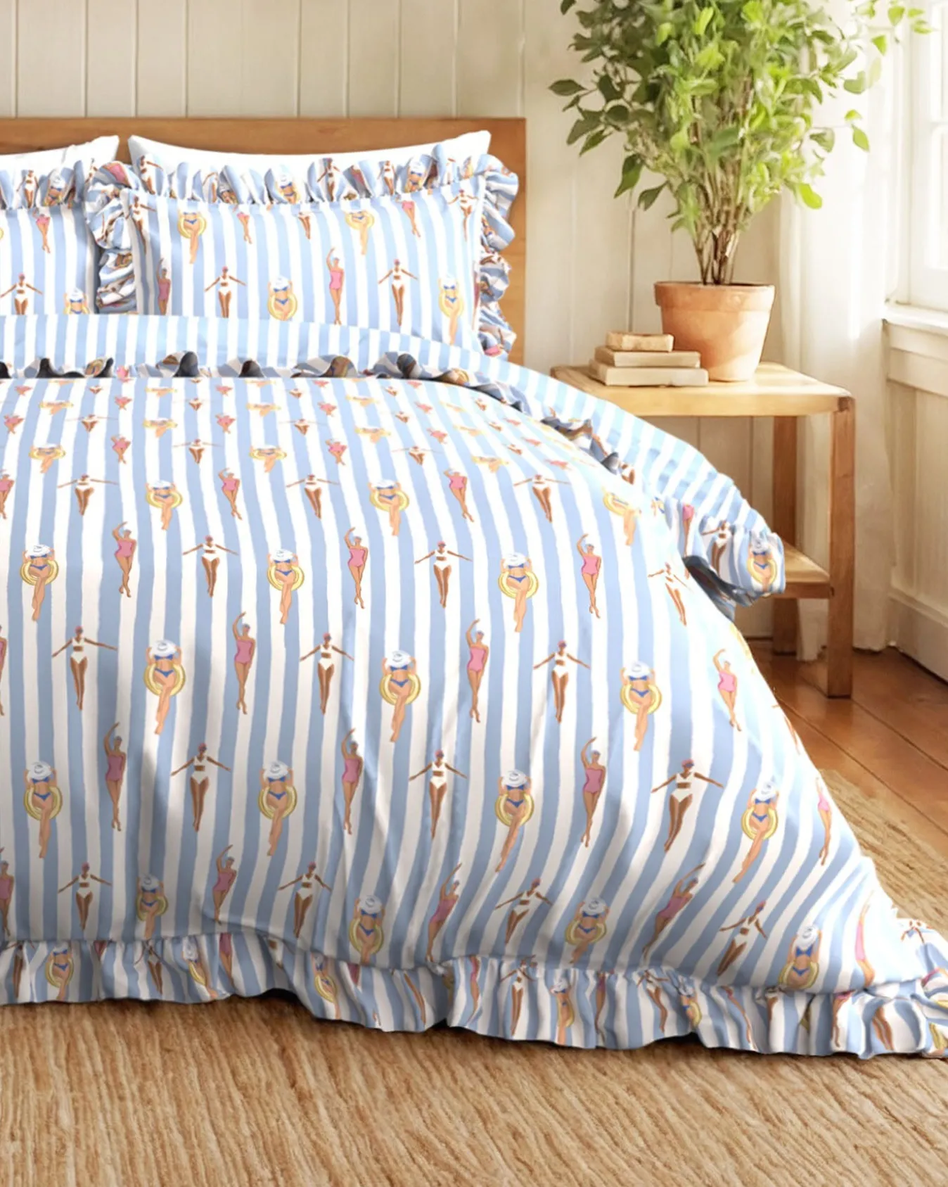 Cotton Swimming Society / Stripe Print Reversible Frill Bedding Set