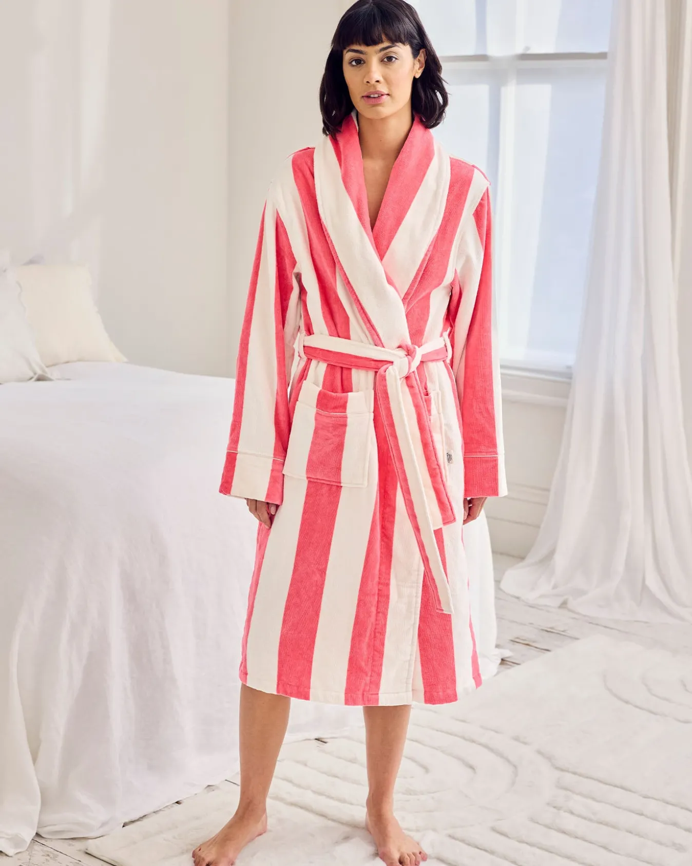 Cotton Towelling Stripe Dressing Gown - Pink