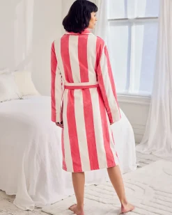 Cotton Towelling Stripe Dressing Gown - Pink