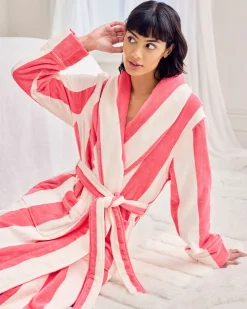 Cotton Towelling Stripe Dressing Gown - Pink