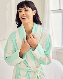 Cotton Towelling Stripe Dressing Gown - Aqua