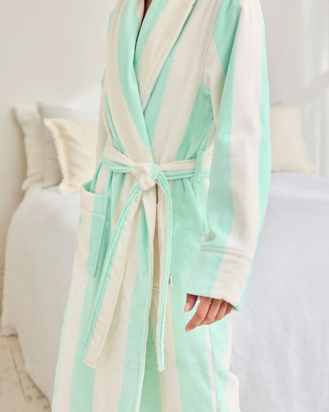 Cotton Towelling Stripe Dressing Gown - Aqua
