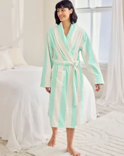 Cotton Towelling Stripe Dressing Gown - Aqua