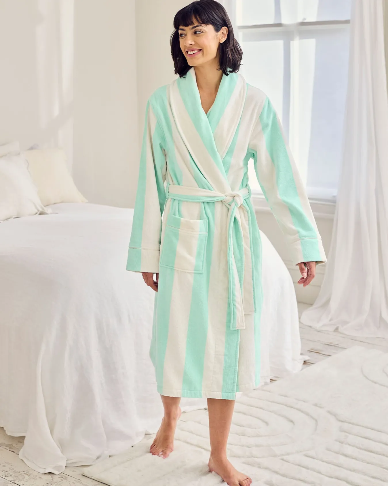Cotton Towelling Stripe Dressing Gown - Aqua