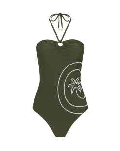 Embroidered Palm Swirl Halterneck Swimsuit