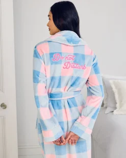 Fleece Embroidered Back Do Not Disturb Check Dressing Gown