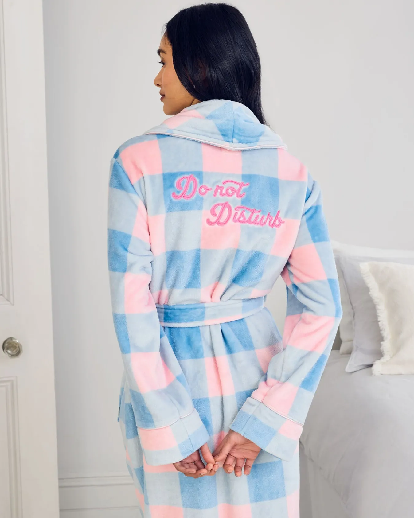 Fleece Embroidered Back Do Not Disturb Check Dressing Gown