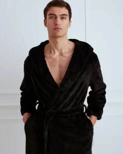 Fleece Hooded Dressing Gown - Black