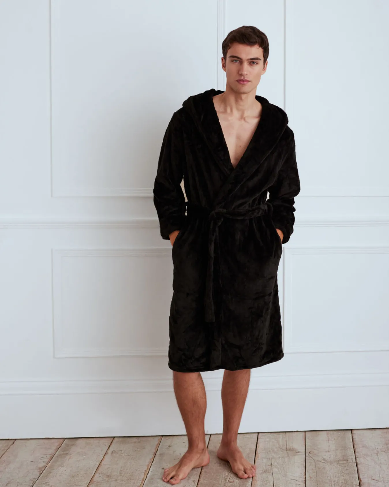 Fleece Hooded Dressing Gown - Black