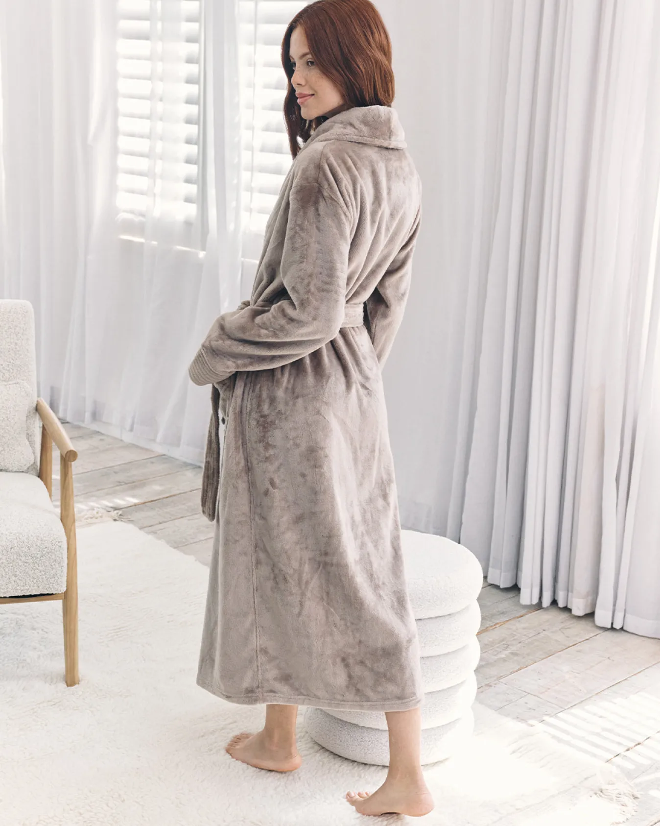 Fleece Long Dressing Gown - Beige