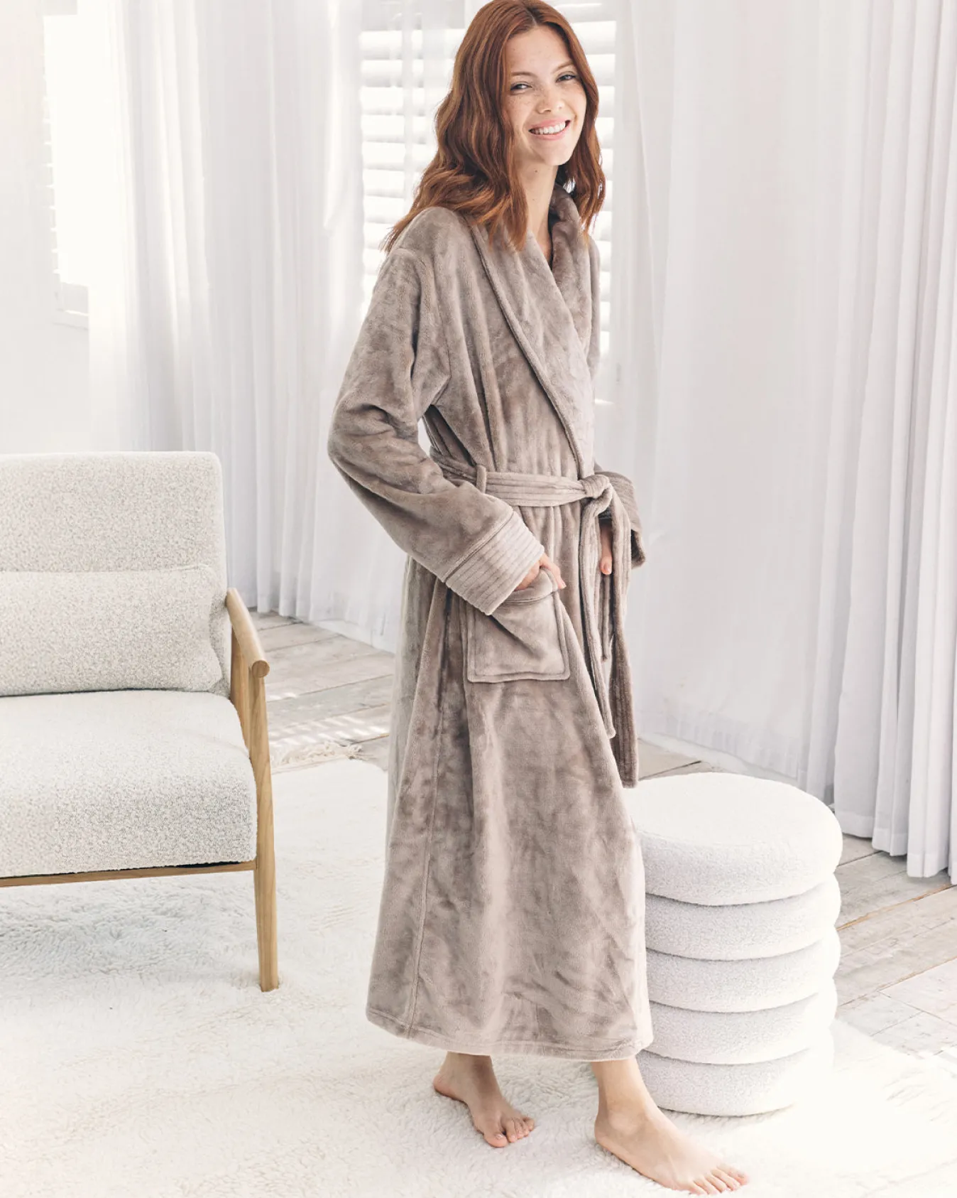 Fleece Long Dressing Gown - Beige